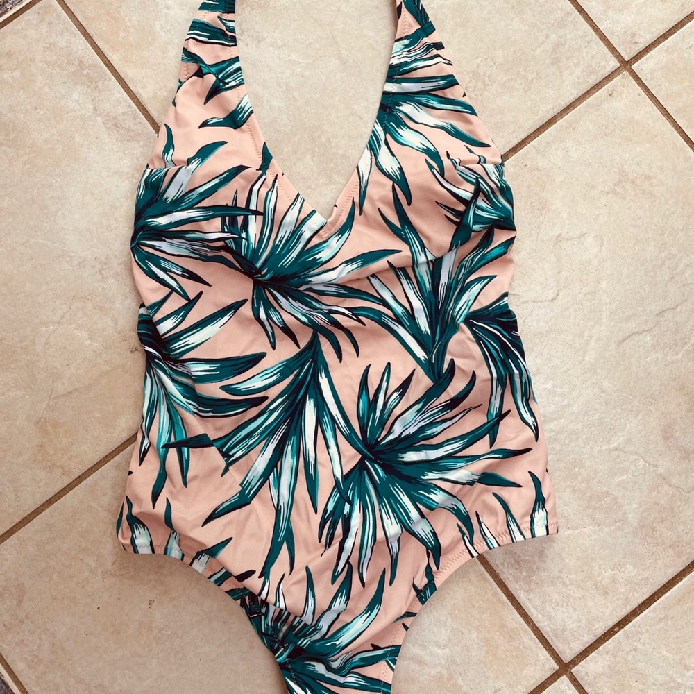 Palm print low cut one piece
